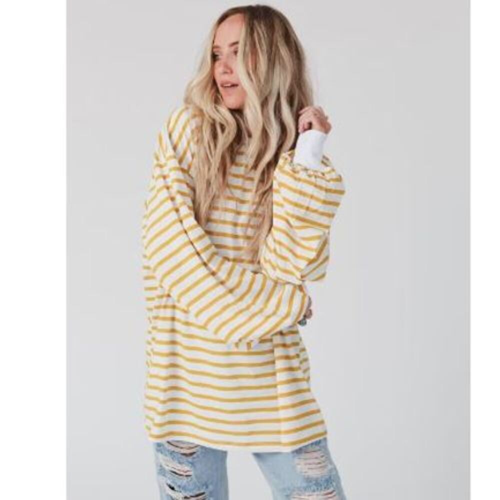 Andthewhy California Team Spirit Womans Oversized Stripe Top Large Yellow‎ White